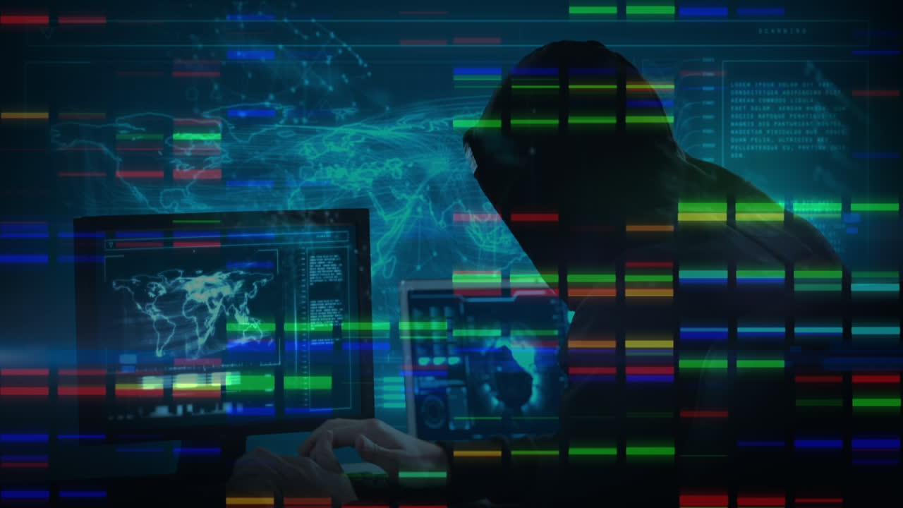 animación del procesamiento de datos sobre un hacker de computadoras caucásico en balaclava usando una computadora
