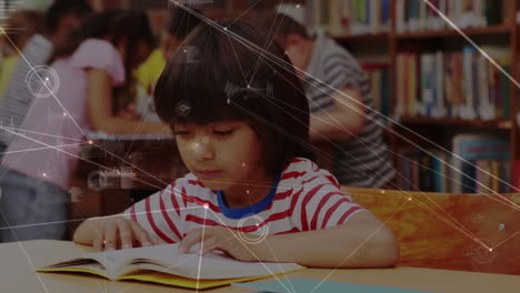 network of connections and data processing against boy studying while sitting on his desk at school