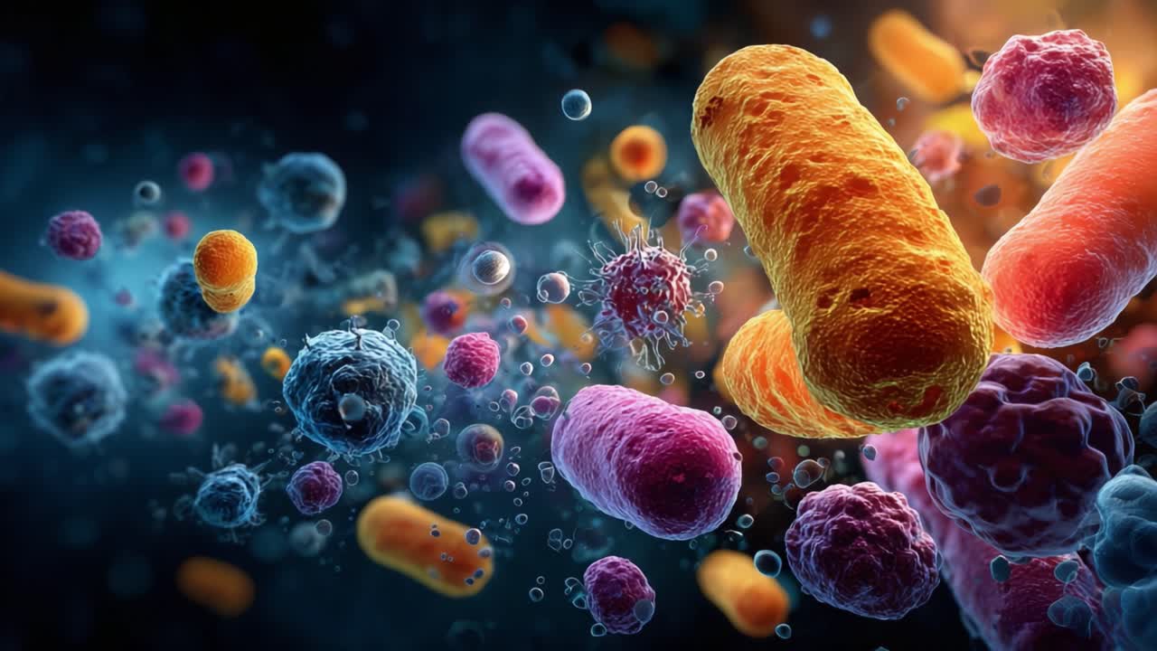 Un'Esplorazione Intricata della Vita Microbica: Una Rappresentazione Dinamica di Batteri e delle Loro Interazioni in un Universo Microscopico Vibrante e Colorato
