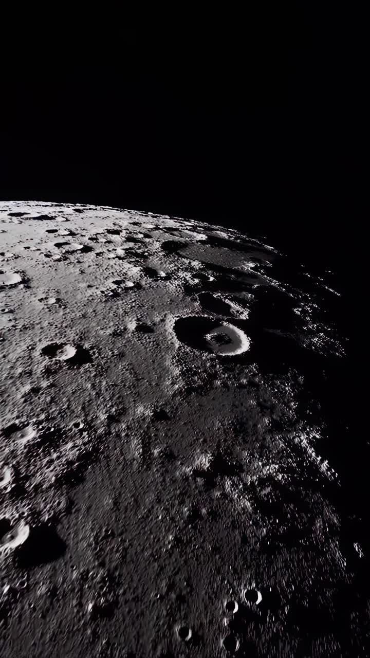 Aerial video angle of the moon's cratered surface, showcasing its rugged, shadowed terrain