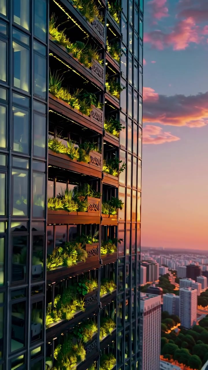 Arranha-céu Moderno com Jardins Verticais ao Pôr do Sol
