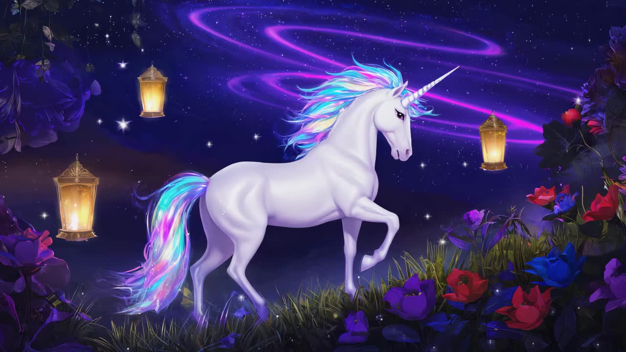 A Magical Unicorn in a Fantasy Garden at Night