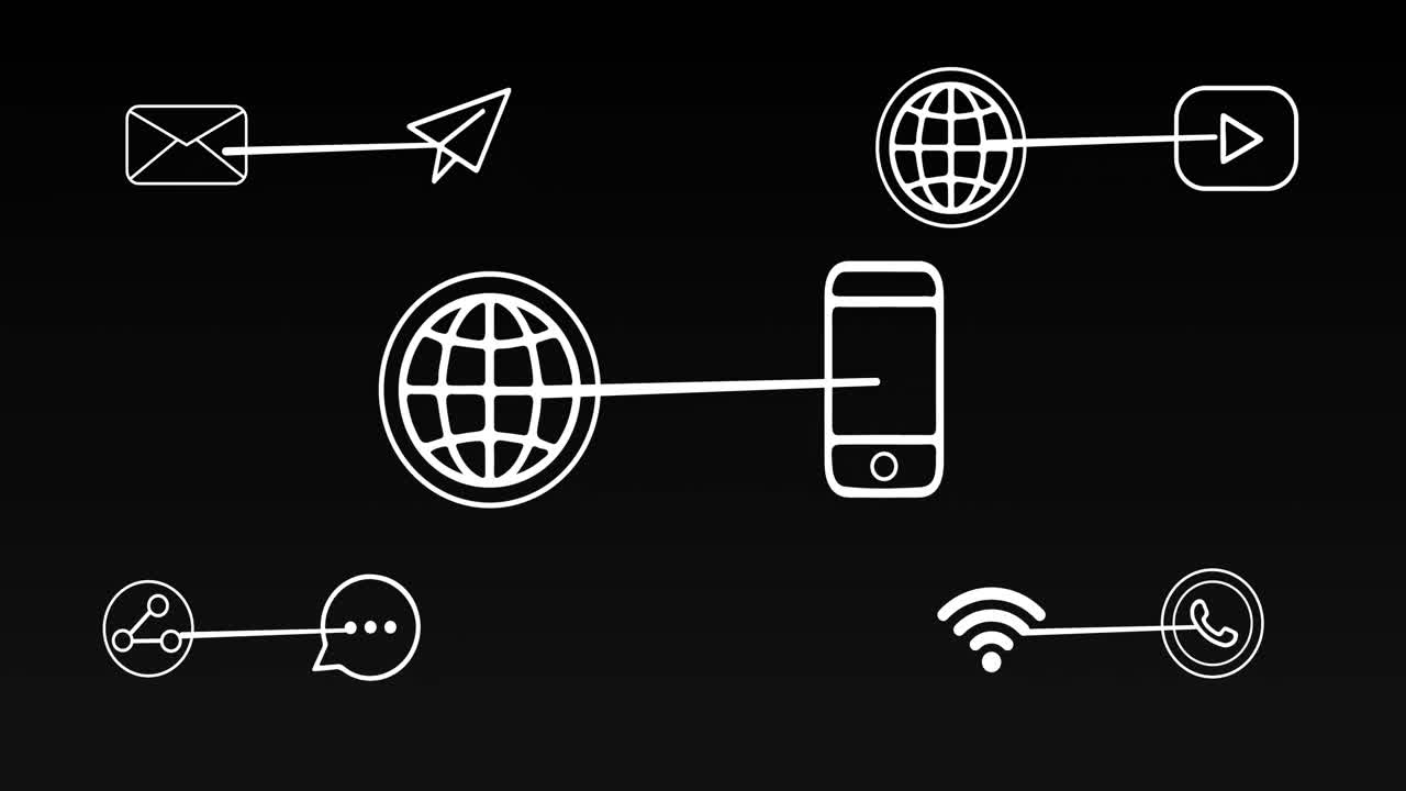 animación de teléfonos inteligentes y conexiones con iconos tecnológicos en fondo negro