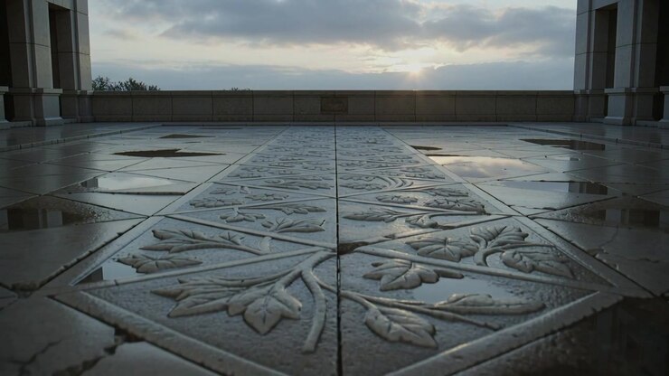 Moving low angle camera showing center floral tiles on terrace revealing puddles, columns and sea