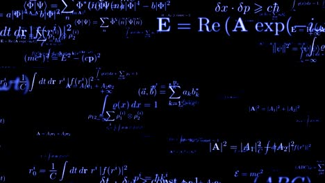 mathematical neon formula seamless footage. algebra calculations on blackboard. physics and geometry blue light shiny theories movement. maths glowing equations floating looped animation