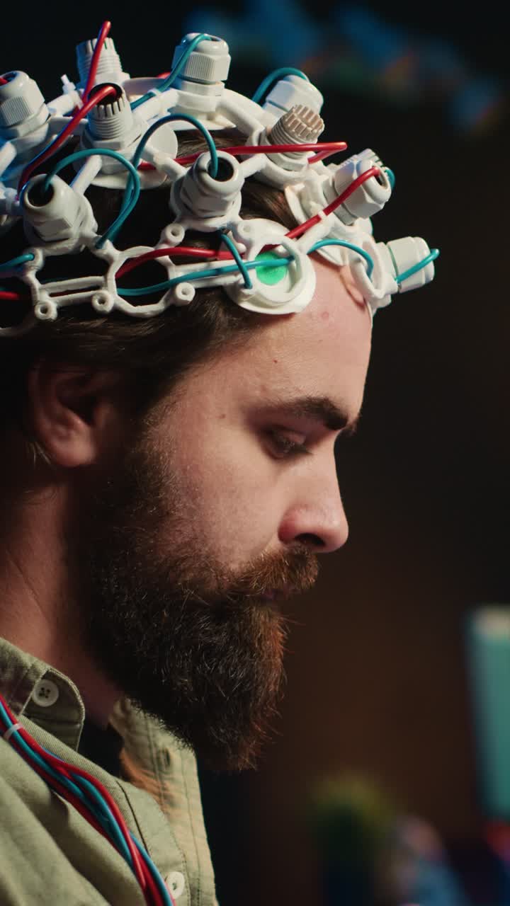 Man Attaching Brain-Computer Interface Device to Head