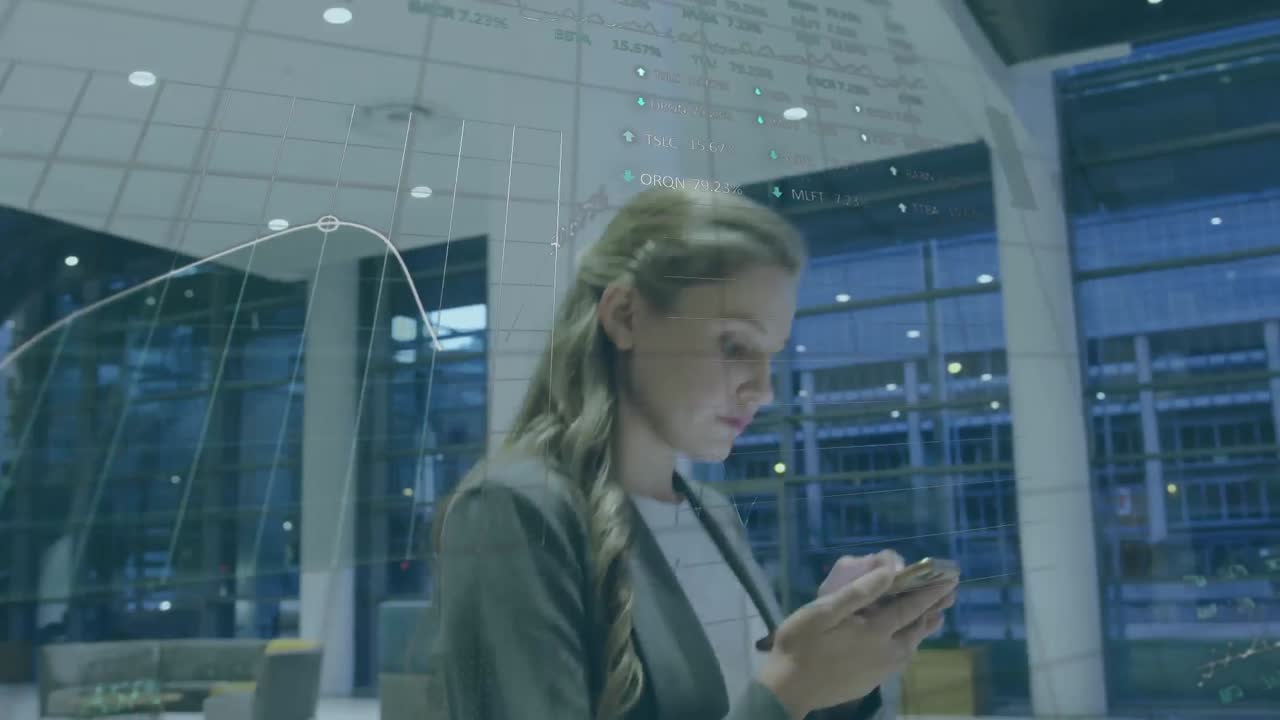 Animation of data processing over businesswoman using smartphone