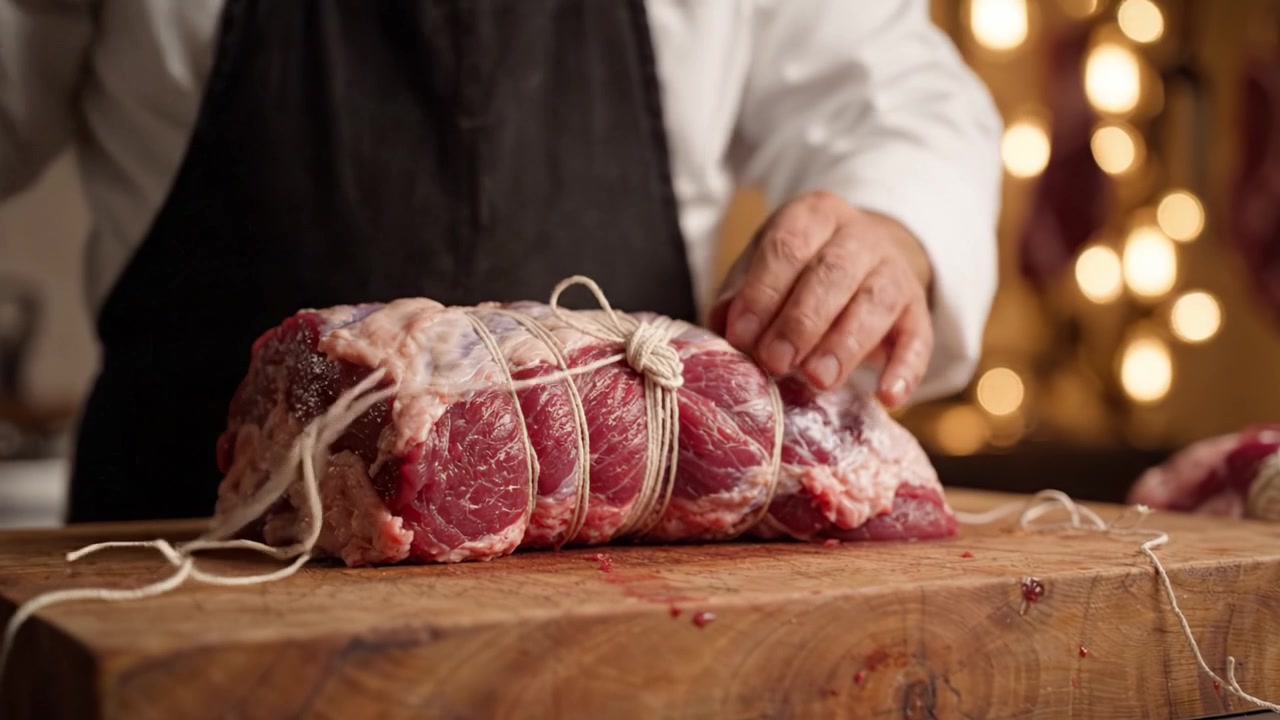 Uno Chef Lega e Prepara con Maestria un Taglio di Carne per la Cottura, Dimostrando Tecniche Culinarie in un Ambiente di Cucina Caldo e Accogliente con una Splendida Illuminazione.