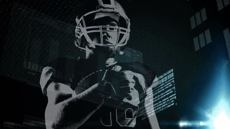 Animation-Eines-American-Football-Spielers-über-Verschiedene-Daten-Auf-Schwarzem-Hintergrund