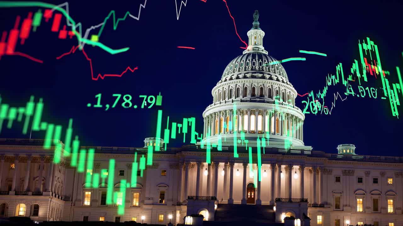 Dynamic video with view of the Capitol building overlaid with fluctuating stock market graphs