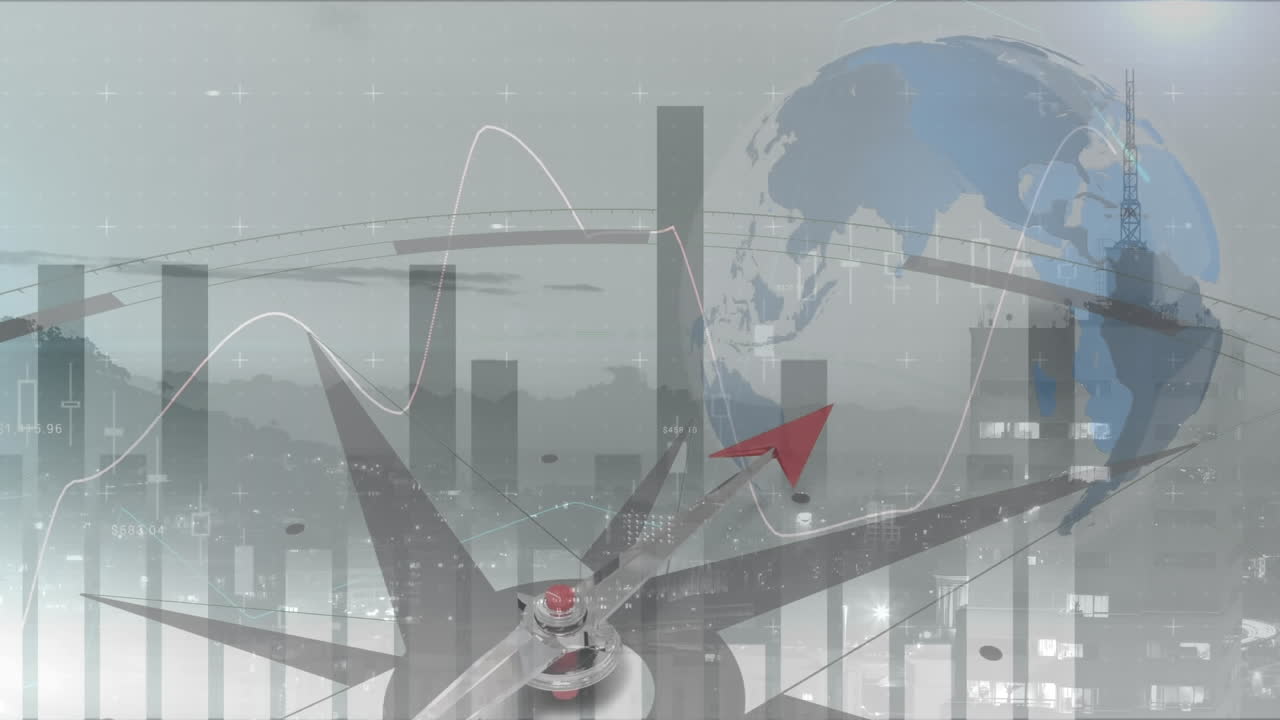 анимация обработки данных над современным зданием и городским ландшафтом