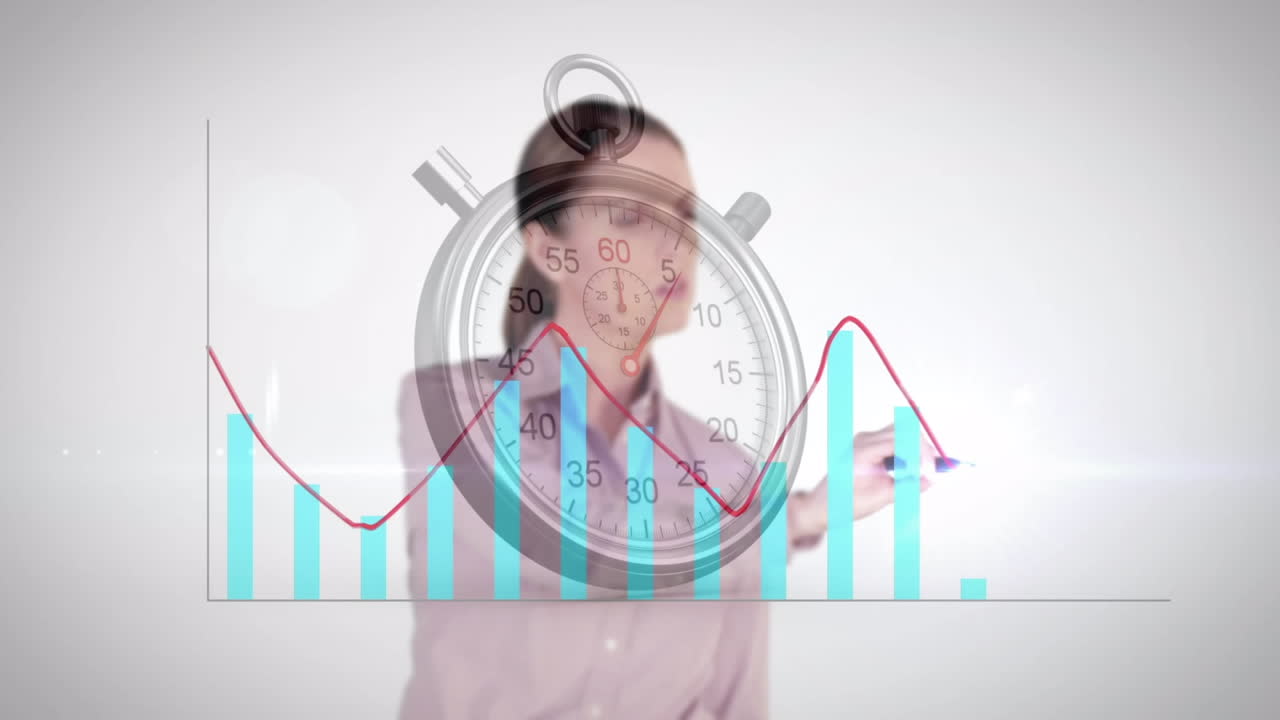 animación de estadísticas con una mujer de negocios y un cronómetro