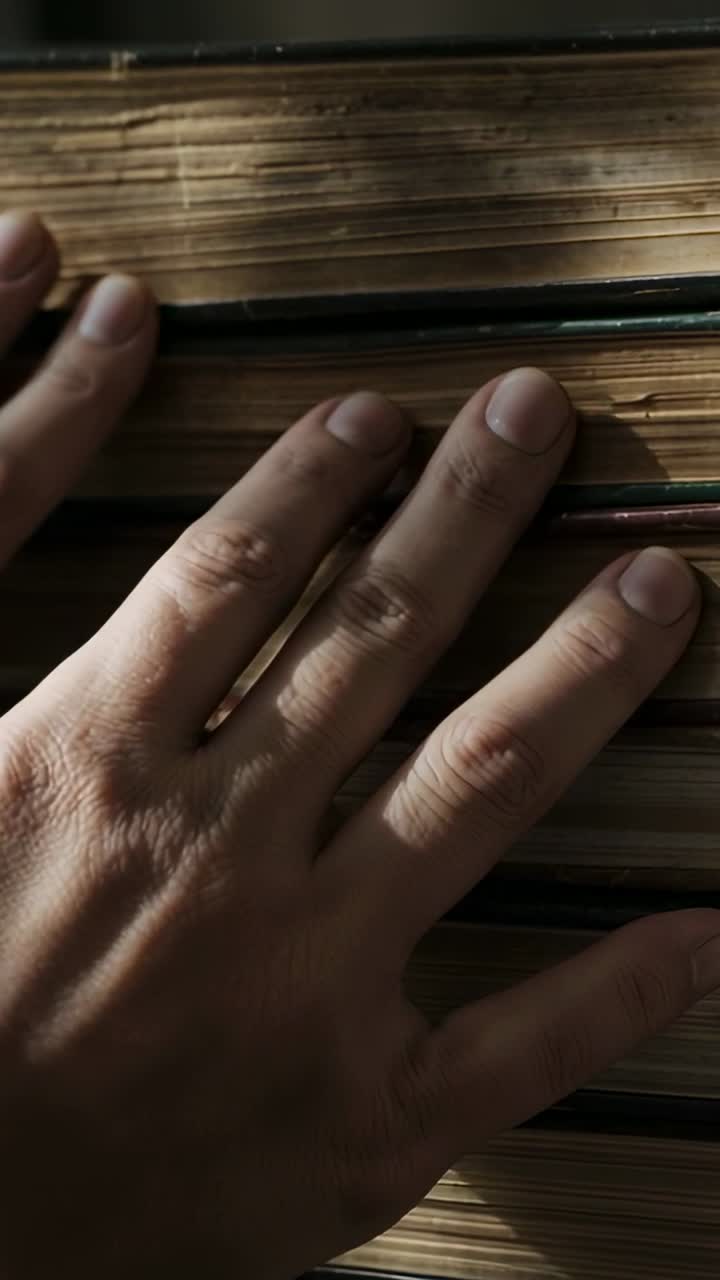 Video verticale: Mano destra che entra, scorrendo sui bordi di libri impilati, ispezionando la texture della biblioteca.
