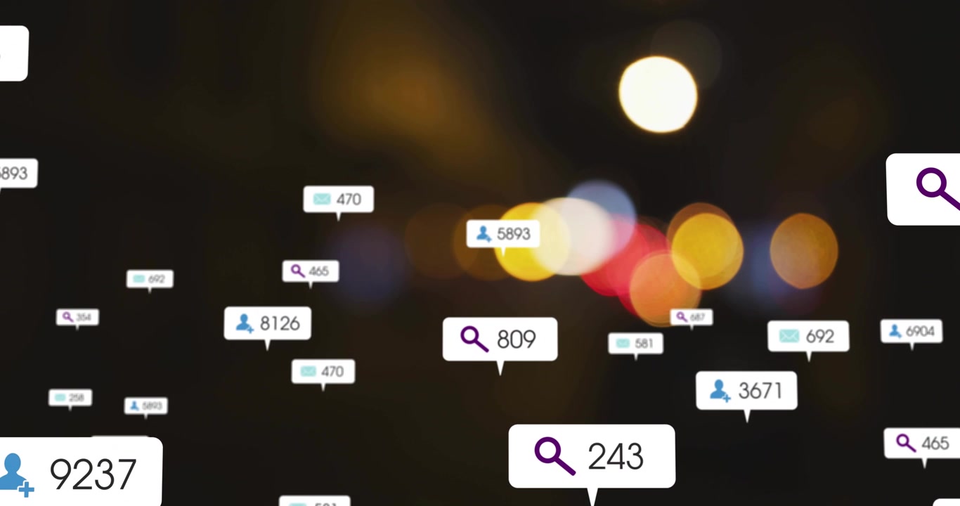 Vertical video: UI callouts spawning across bokeh, marketing driving counters growing then fading