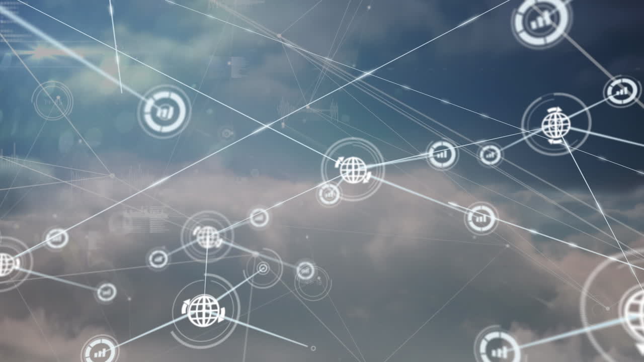 Animation of data processing with network of connections and icons