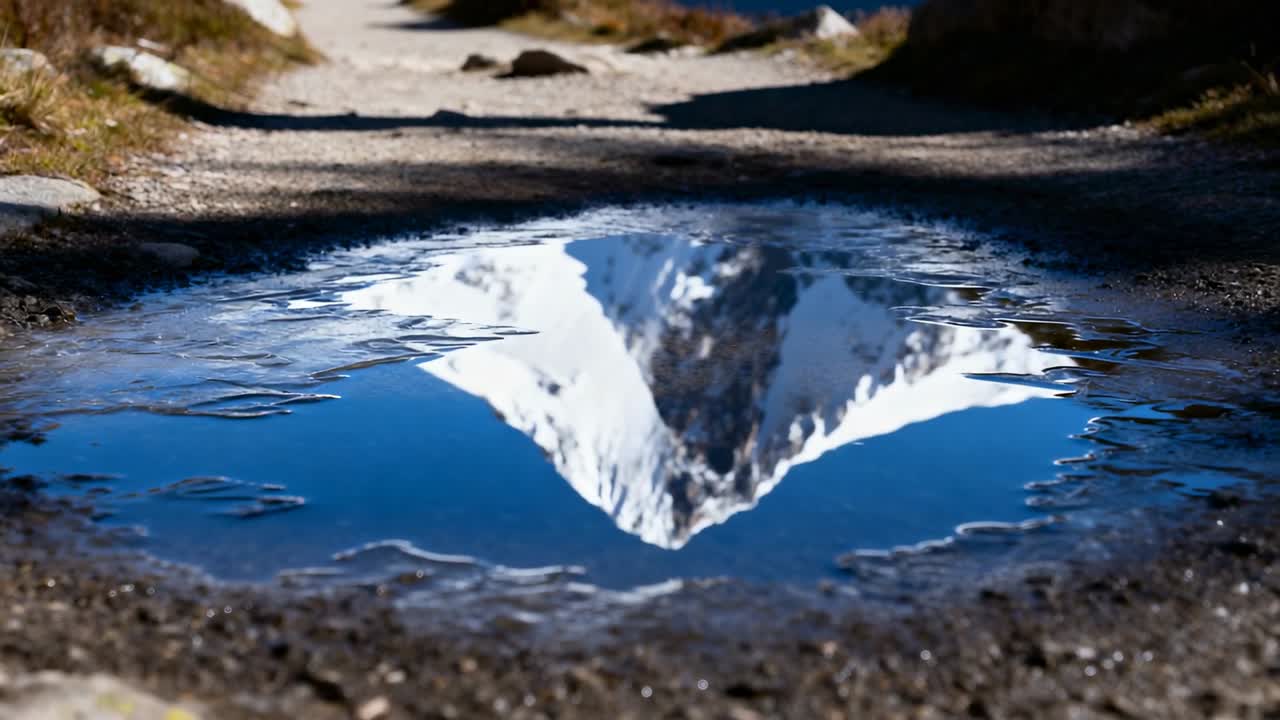 Sich kräuselnde flache Pfütze spiegelt Schneegipfel auf Bergpfad wider; Brise verursacht Schimmern, dann Beruhigung.