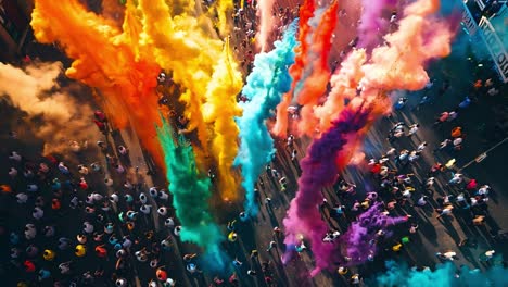 a vibrant aerial view of a color festival with colorful powder explosions among a large crowd