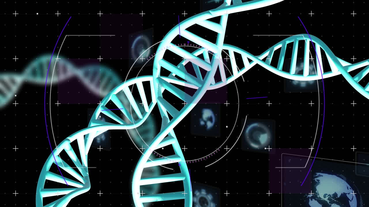 Animation of dna strands spinning with data processing over black background
