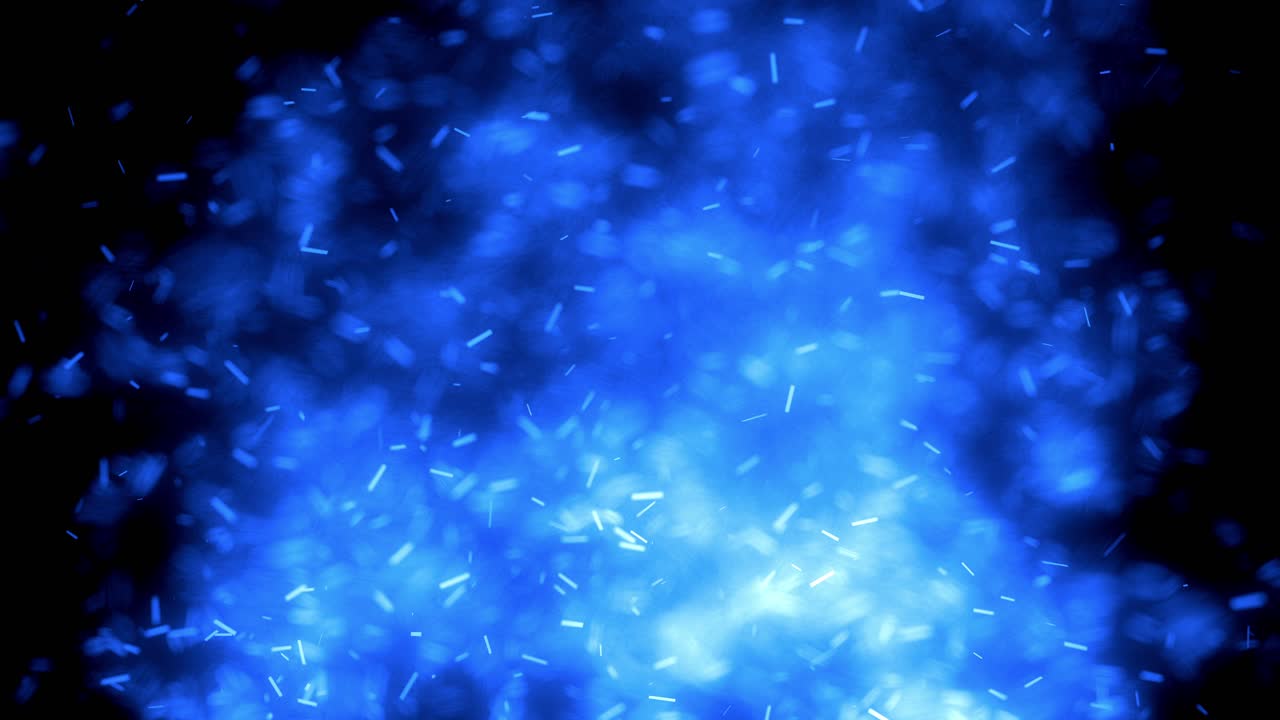 검은색 배경에서 무작위로 움직이는 연소 입자와 함께 파란색 불의 추상적인 애니메이션