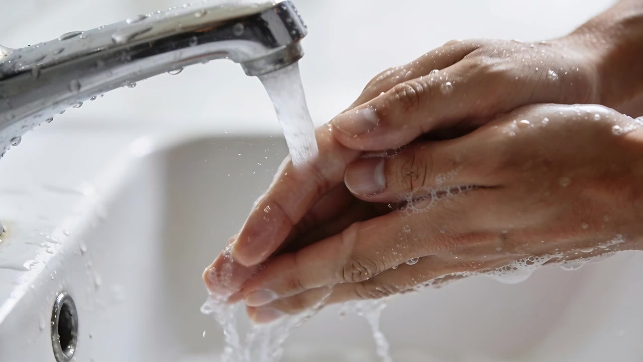 Washing adult hands at bathroom sink with faucet running, rubbing and lacing fingers, rinsing soap