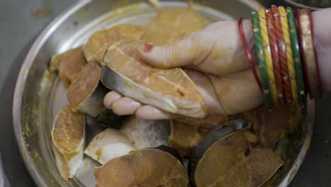 fresh fish marinating in spices at home in plat from different angle