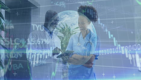 doctor and nurse reviewing tablet in clinic, showcasing floating globe charts binary percentages
