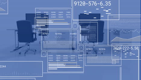 animation of financial data processing over office with computers on desks