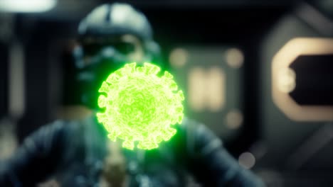 mujer con máscara médica protectora en su rostro mirando el coronavirus covid-19