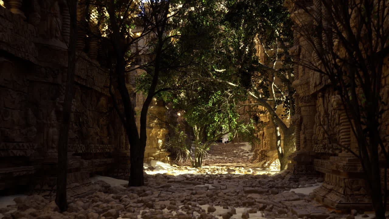 Sunlight filters through trees in ancient ruins surrounded by stone pathways