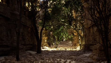 sunlight filters through trees in ancient ruins surrounded by stone pathways