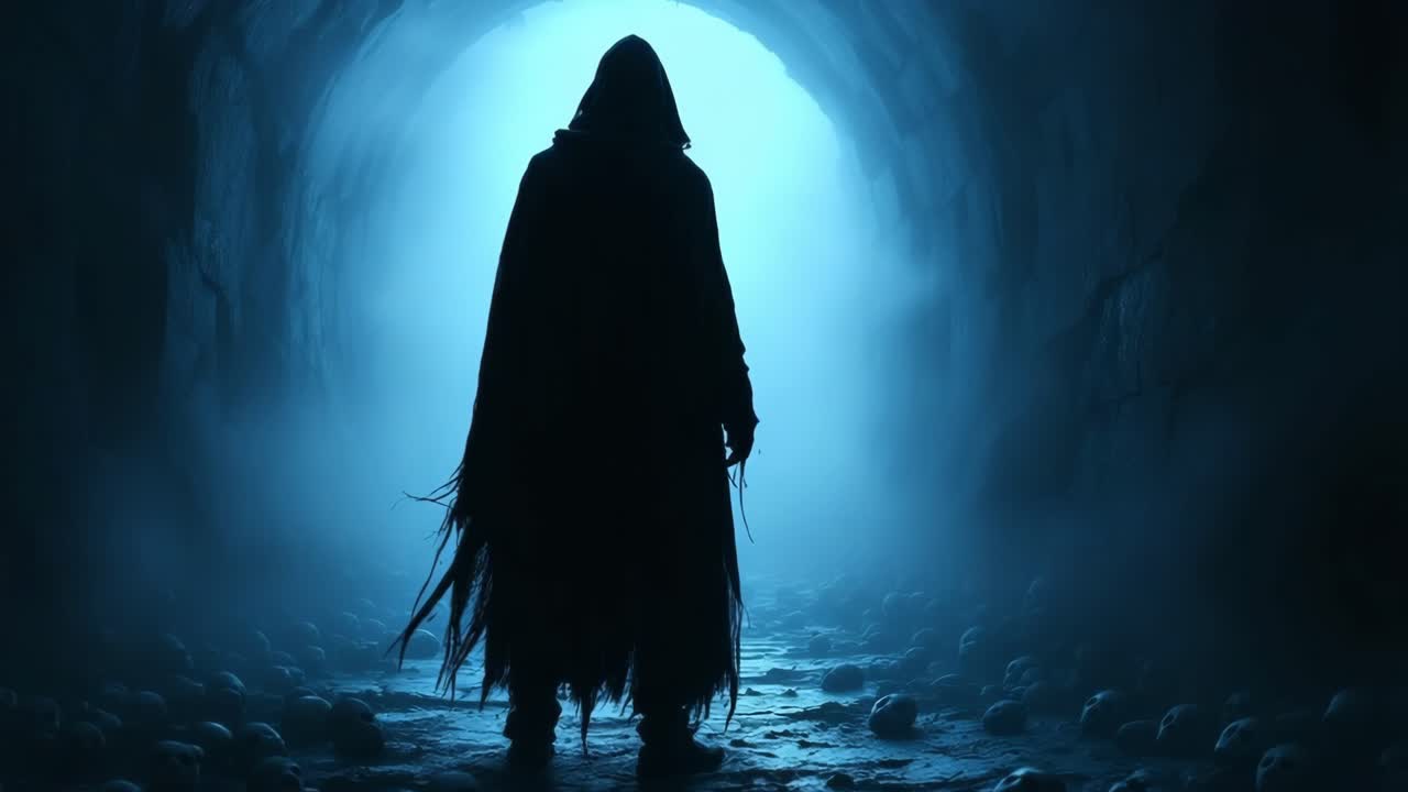 Mysterious figure cloaked in shadows walks through an eerie tunnel filled with fog and skulls