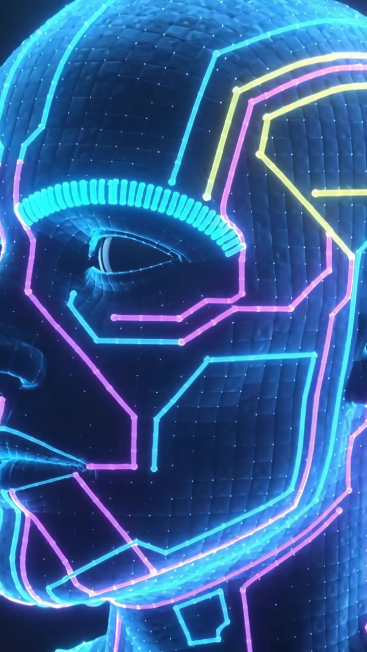Video verticale: Inizio riproduzione di una testa CGI che ruota a sinistra nel vuoto, mostrando circuiti al neon, con spazio per il testo.