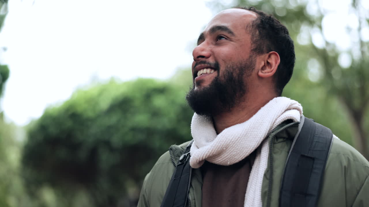 Hiking, man and smile with view from trekking