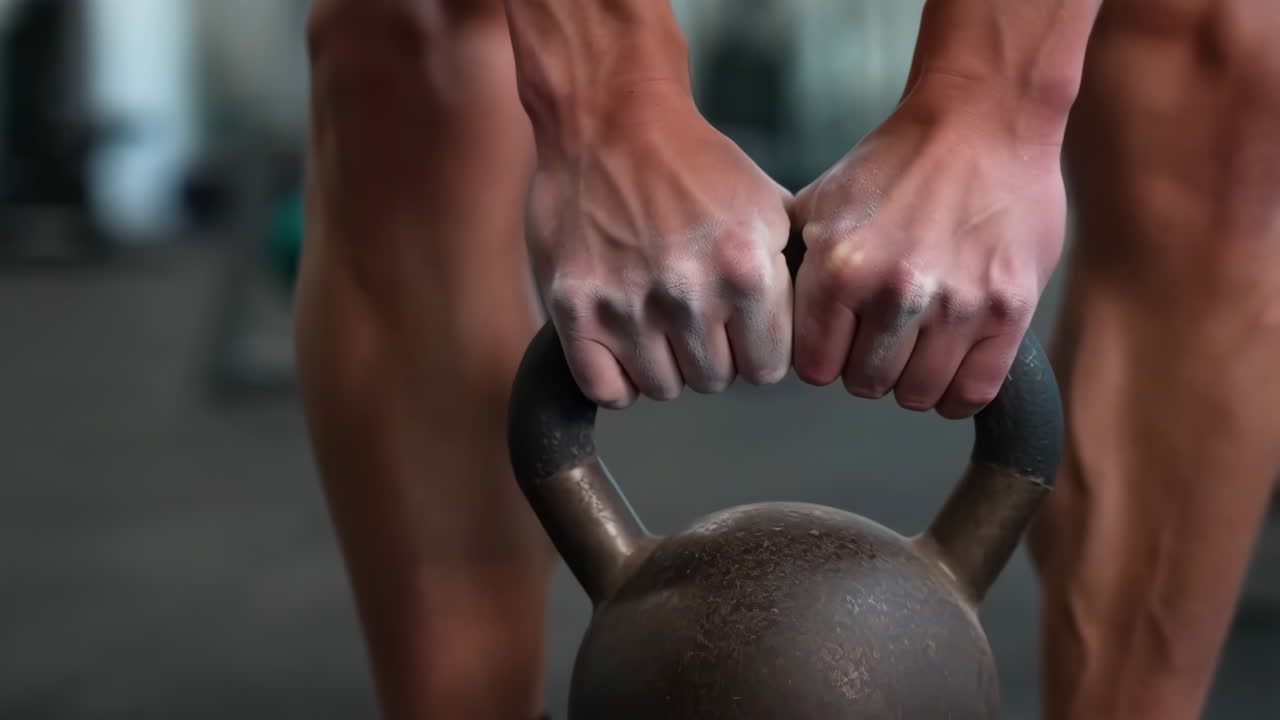 Hands gripping a kettlebell during a workout in a gym