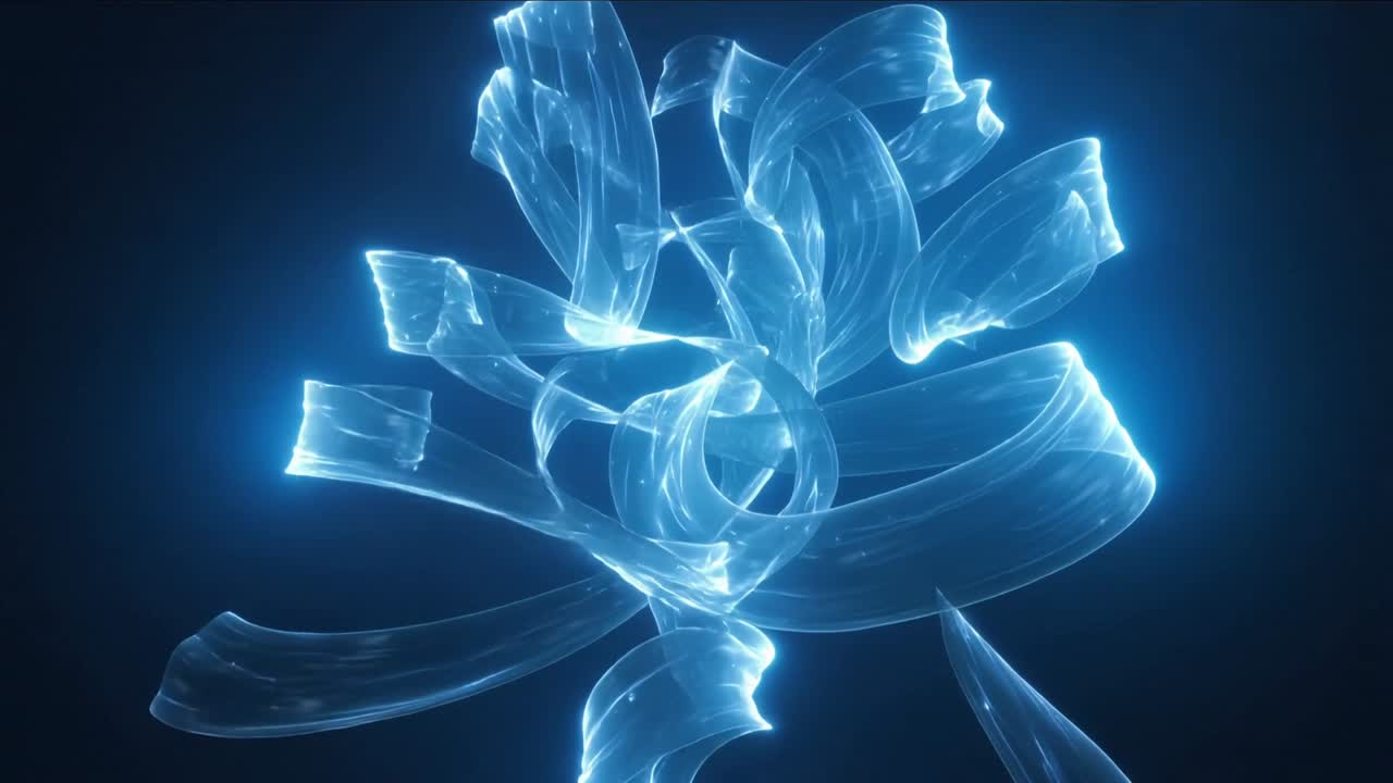 Emerging translucent ribbons folding toward center, forming bloom to settle core in dark void