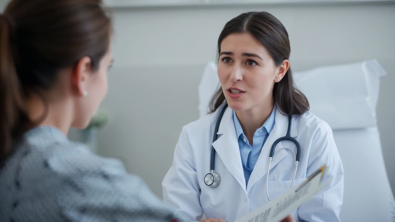 Holding chart, female doctor explaining results to patient in clinic wearing lab coat stethoscope