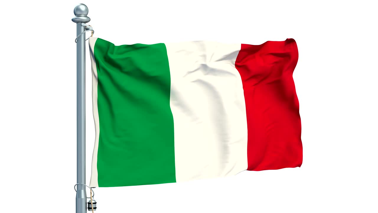 Bandiera italiana che sventola su sfondo bianco, animazione. Rendering 3D