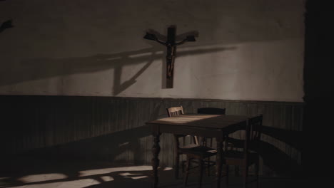 dark, rustic chapel interior