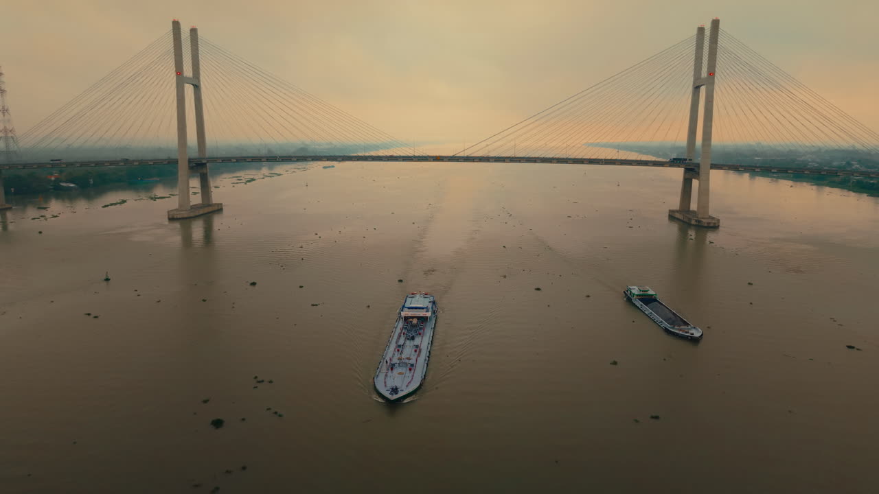 Cable-Stayed Bridge over River with Ships