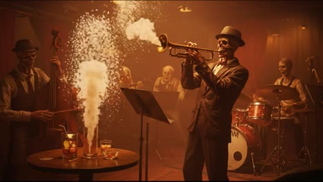 a lively jazz performance featuring skeleton musicians engaging in an energetic musical display with drinks and visual effects in a cozy atmosphere