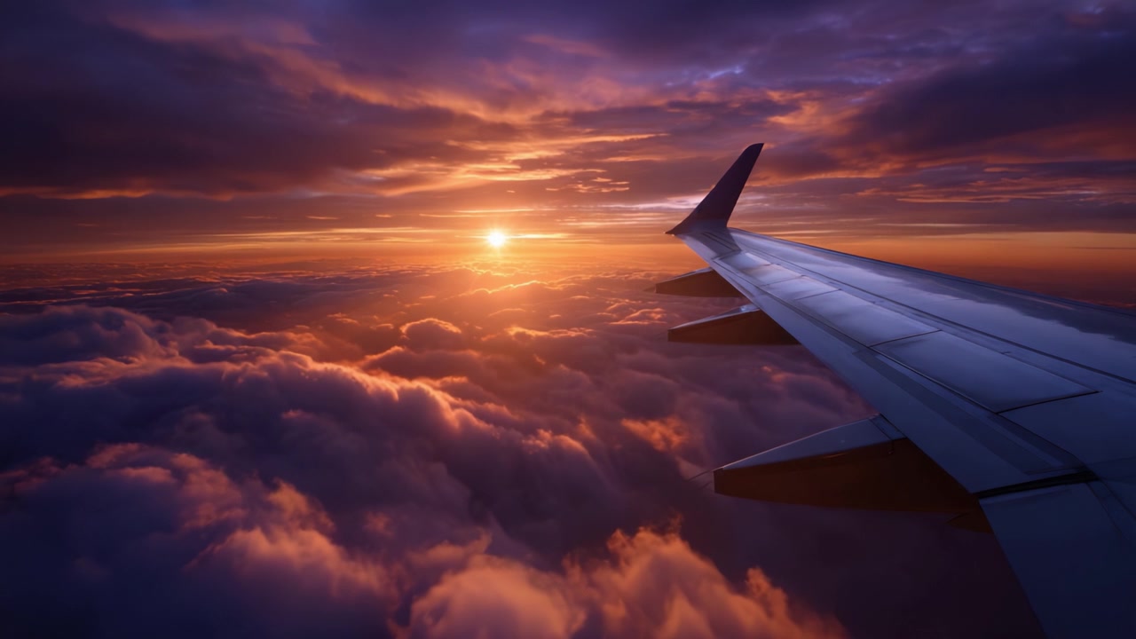 Vista Aérea Deslumbrante de um Pôr do Sol Vibrante sobre as Nuvens com uma Asa de Avião, Capturando a Beleza da Natureza e as Cores Deslumbrantes do Crepúsculo