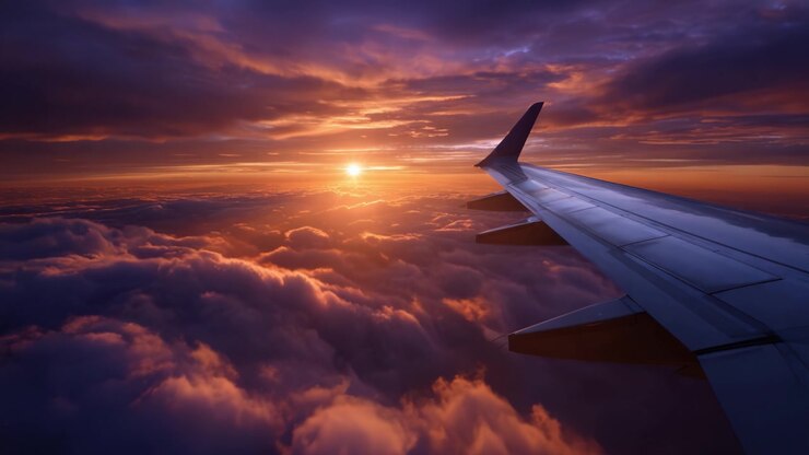 Vue aérienne époustouflante d'un coucher de soleil éclatant sur les nuages avec une aile d'avion, capturant la beauté de la nature et les couleurs à couper le souffle du crépuscule