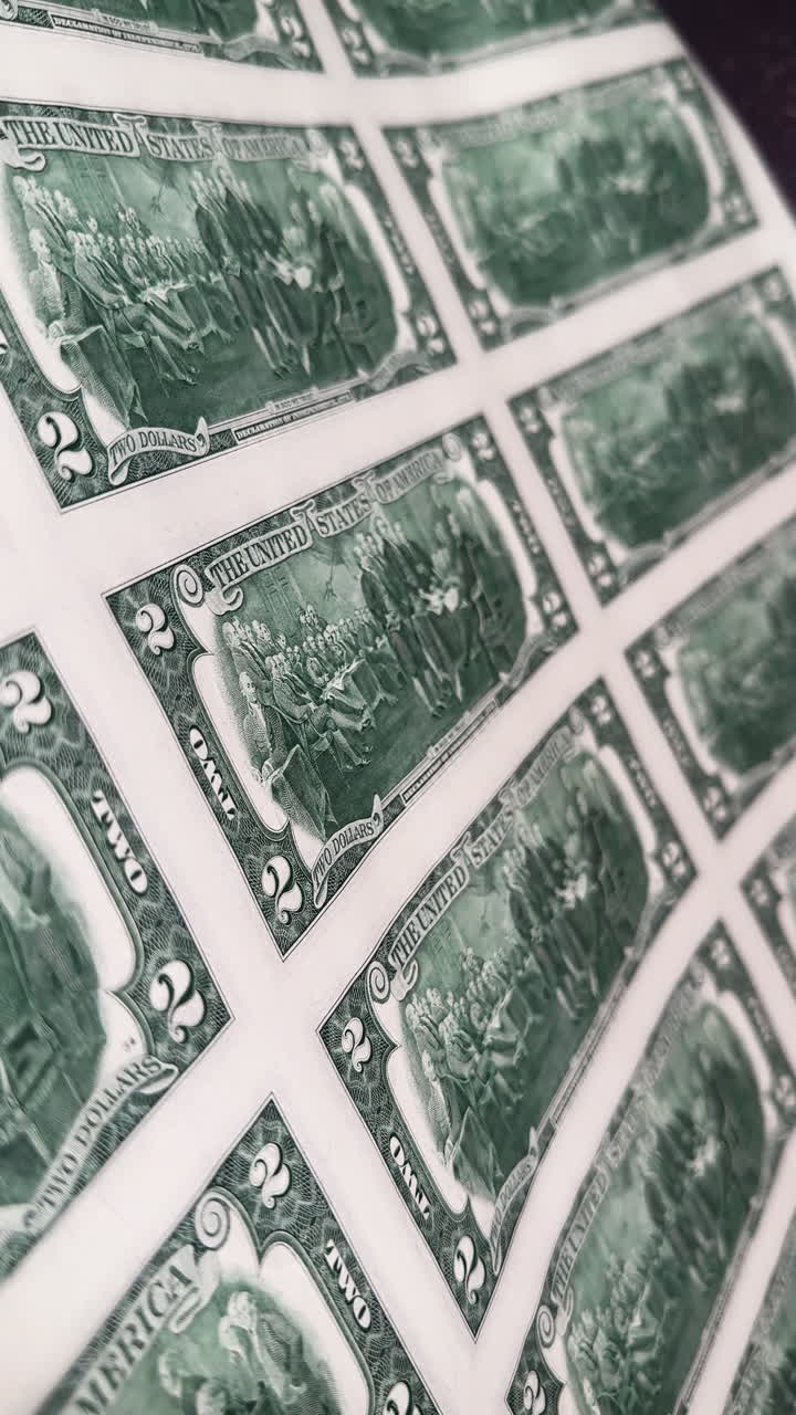 Billetes de dos dólares americanos sin cortar. Concepto de impresión de dinero. Primer plano. Vídeo vertical.