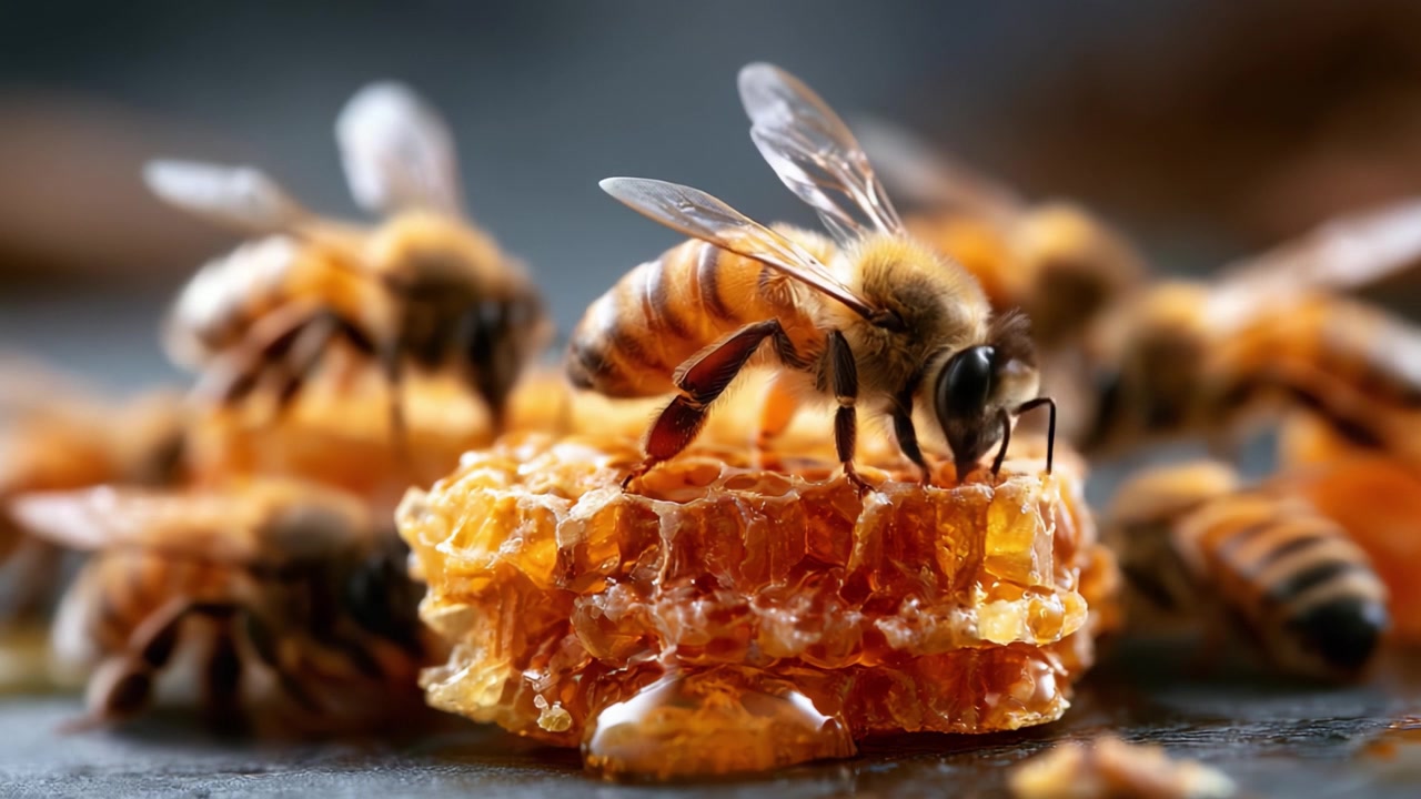 Primo piano di api mellifere che raccolgono nettare dai favi, una dimostrazione degli impollinatori della natura e del loro ruolo intricato negli ecosistemi e nella produzione alimentare