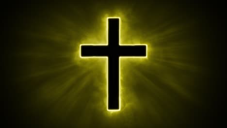 Uplifting-and-deeply-inspiring-reveal-animation-of-a-plain-classic-golden-holy-Christian-crucifix-cross,-in-a-smoky-mystical-glow-and-emating-shining-God-rays-and-light-beams,-on-a-black-background