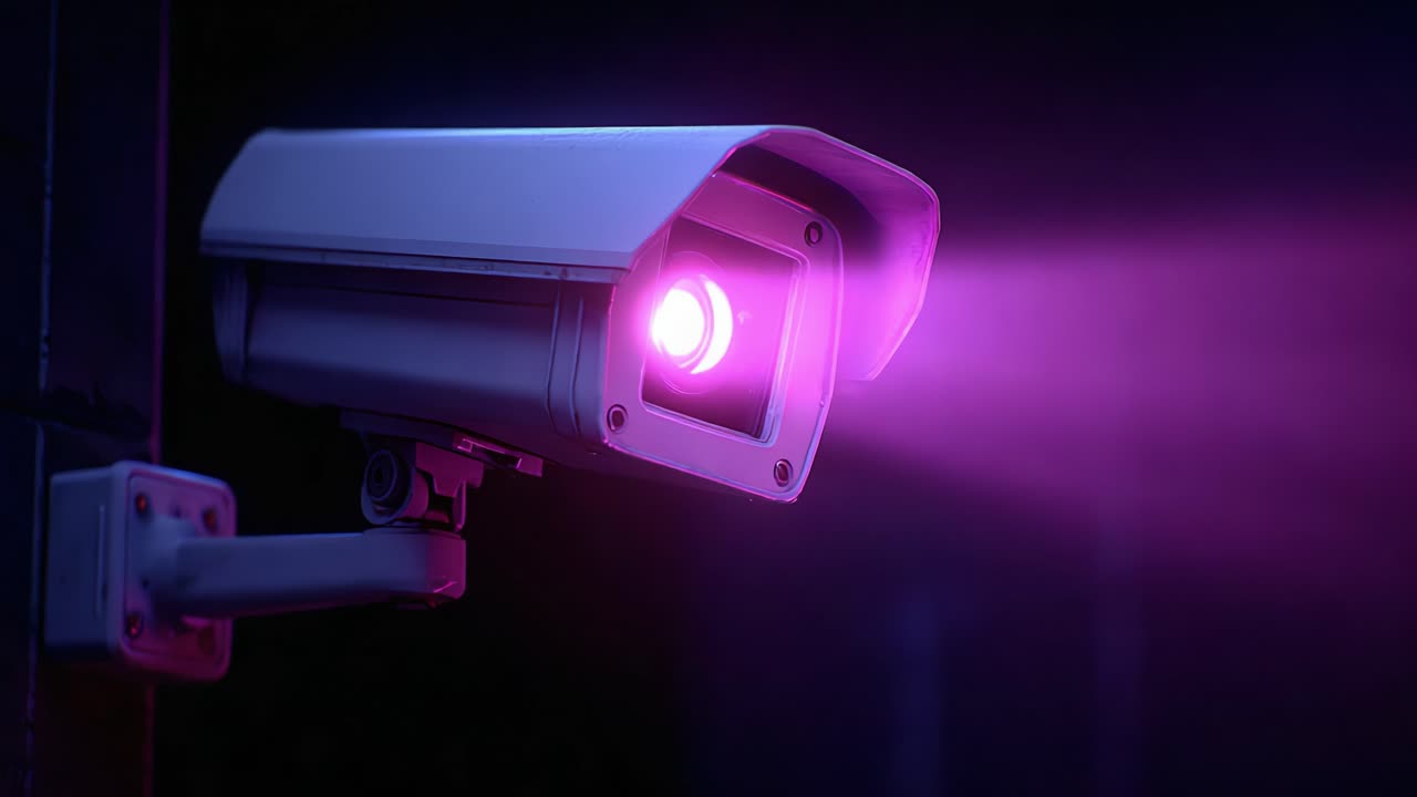 Vigilant Surveillance: A High-Tech Security Camera Capturing Every Moment in Stunning Detail with Luminescent Glow and Precision Technology in a Dimly Lit Environment