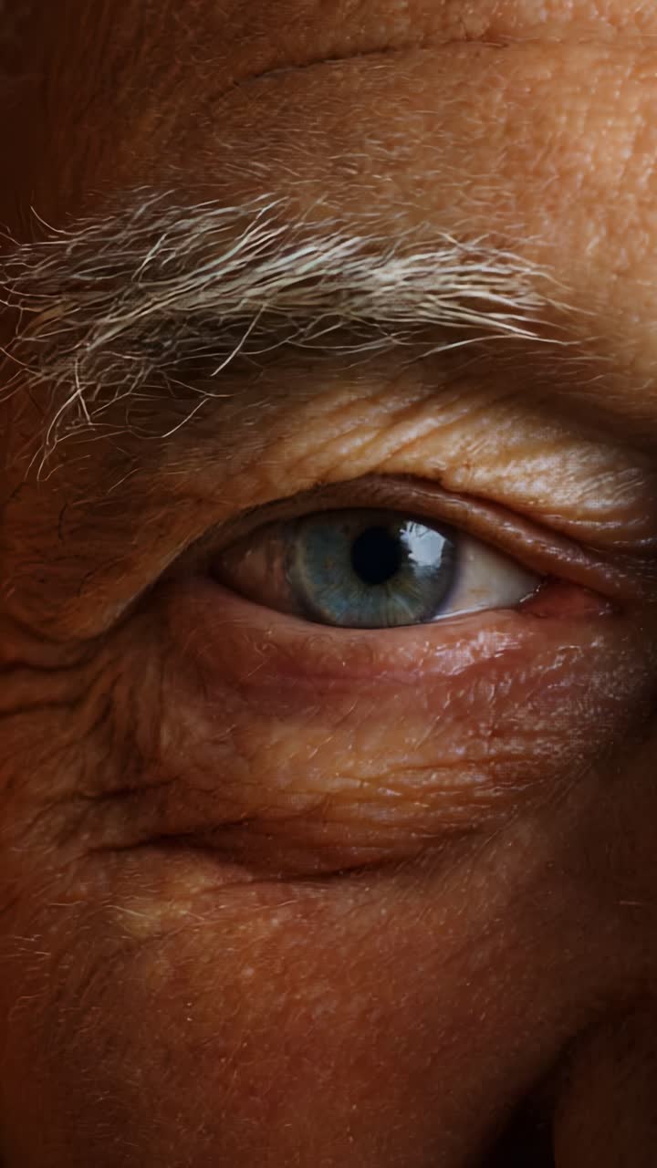 Primo piano dell'occhio di una persona anziana, con iride blu ben distinta e pelle ruvida, che cattura la profondità della saggezza e dell'esperienza di vita in ogni dettaglio