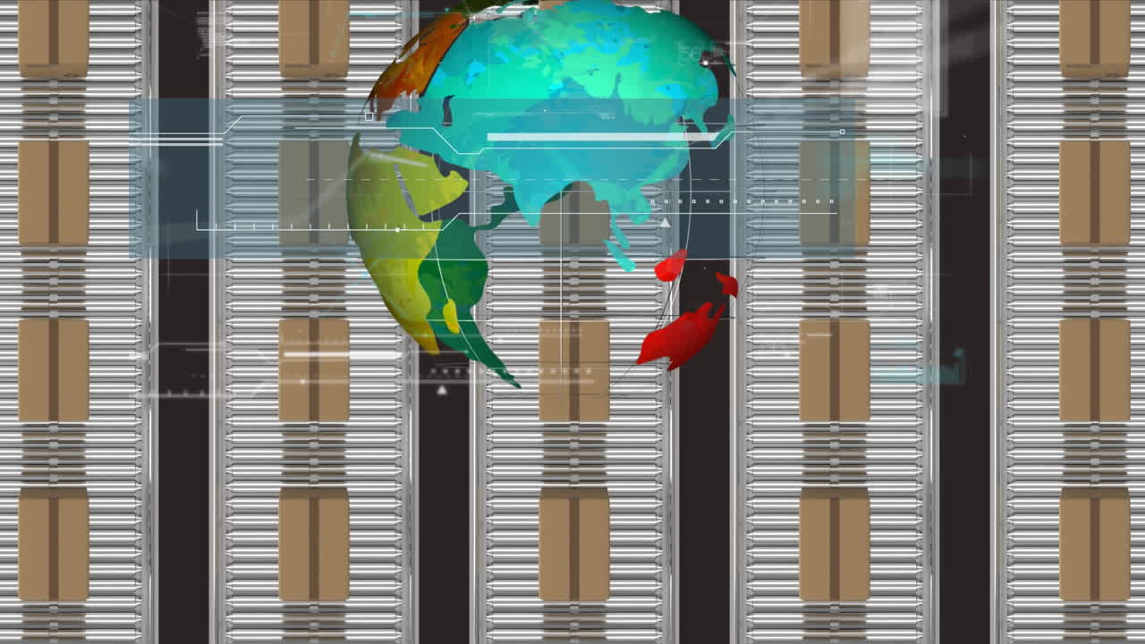 animación del procesamiento de datos y el globo sobre cajas de cartón que se mueven en cintas transportadoras