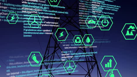 Animation-Von-Energiesymbolen-Und-Datenverarbeitung-über-Einem-Strommast-In-Einer-Sonnenuntergangslandschaft