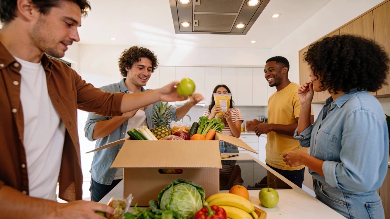 Cinq amis ouvrant une boîte de courses, déballant et partageant des produits frais sur un îlot de cuisine, goûtant un bocal.